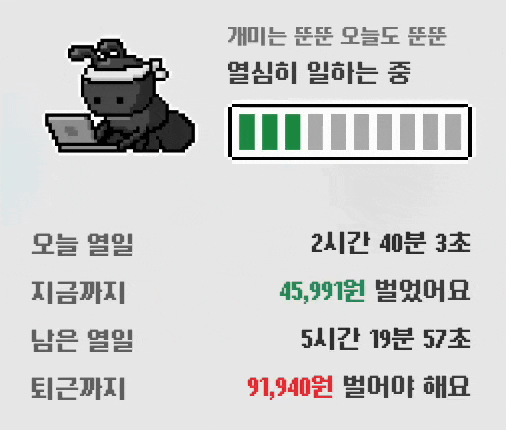 개미 사원과 함께 지금까지 번 금액, 퇴근까지 남은 시간이 초 단위로 갱신되는 패널